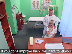 Naughty doctor gives a massage to his nurse and receives head