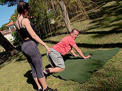 Petite Ava Courcelles gets fucked in the public park while doing yoga