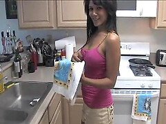Quick blowjob and handjob in the kitchen from sexy brunette wife
