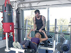 Passionate fucking on the gym floor ends with a facial for Kayla Kayden