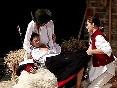 Three girls fuck each other in XVII century dresses