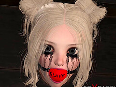Hot hardcore dickgirl fucks a ball gagged sex slave blonde in restraints in the basement