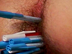 Skinny redhead babes hairy bush asshole gets toyed with pens and deep fucked