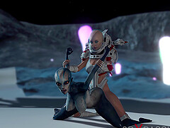 Alien sex. Spacewoman in spacesuit plays with alien on the exoplanet