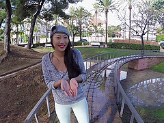 Outdoors POV video of sexy Sharon Lee giving head and flashing